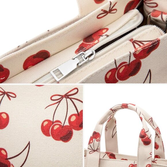 Lightweight Women's Cherry Print Canvas Crossbody Tote – Stylish & Functional - Picture 6 of 7